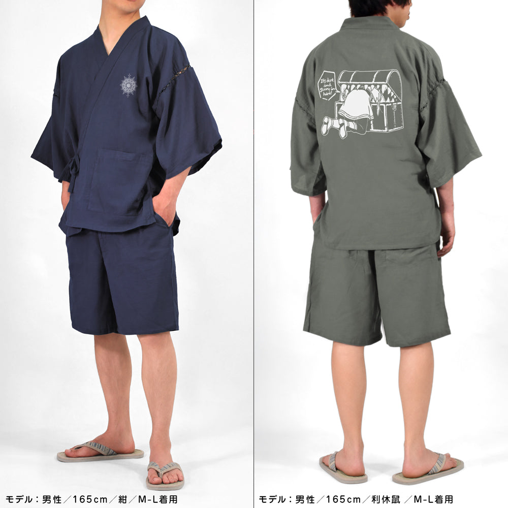 Frieren: Beyond Journey's End - Jinbei dengan motif Frieren sedang dimakan Mimic, tampak depan dalam warna navy
