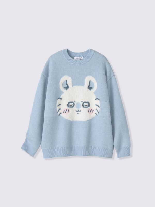 Chiikawa Snow Day Fluffy Jacquard Sweater — Blue Momonga — full view