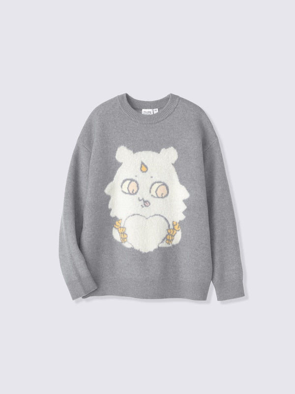 Chiikawa Snow Day Fluffy Jacquard Sweater — Gray Anoko — full view