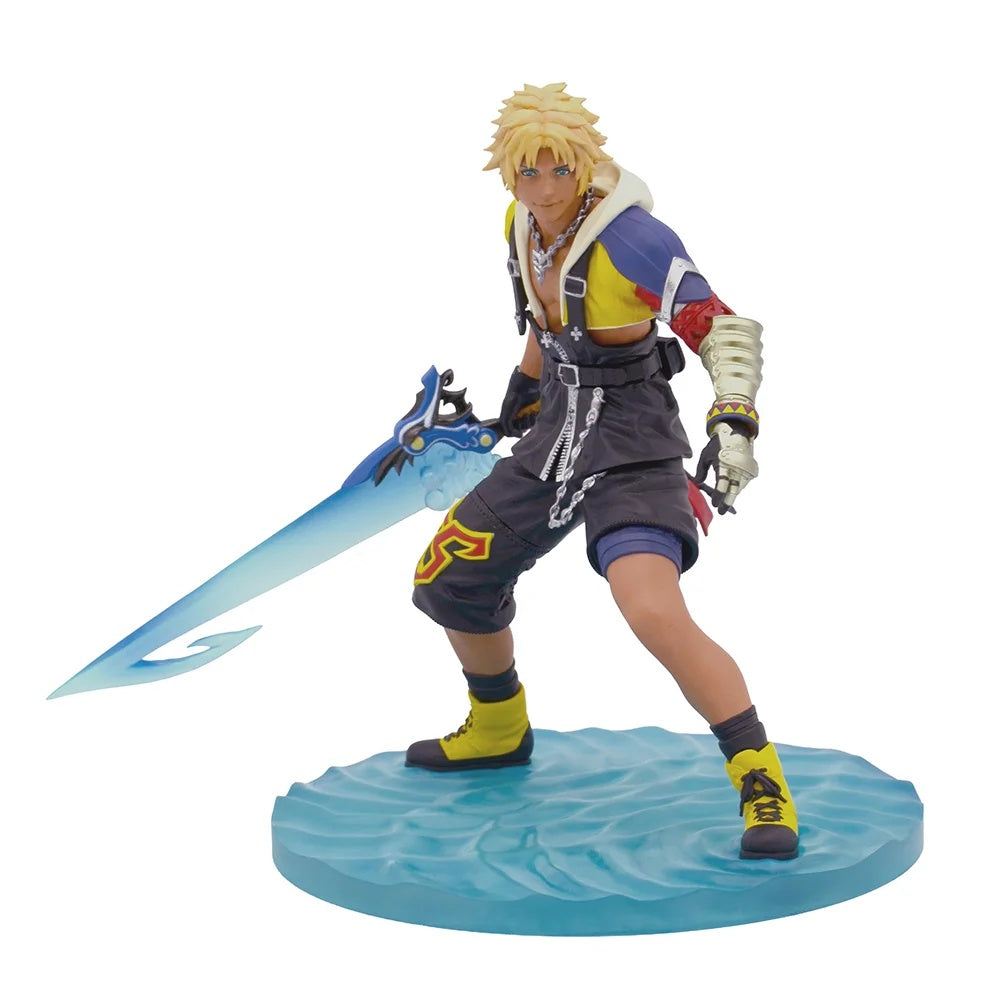 Final Fantasy X 25th Anniversary Kuji A Prize Tidus figure, 17 cm, holding his sword on a translucent blue water-inspired base.