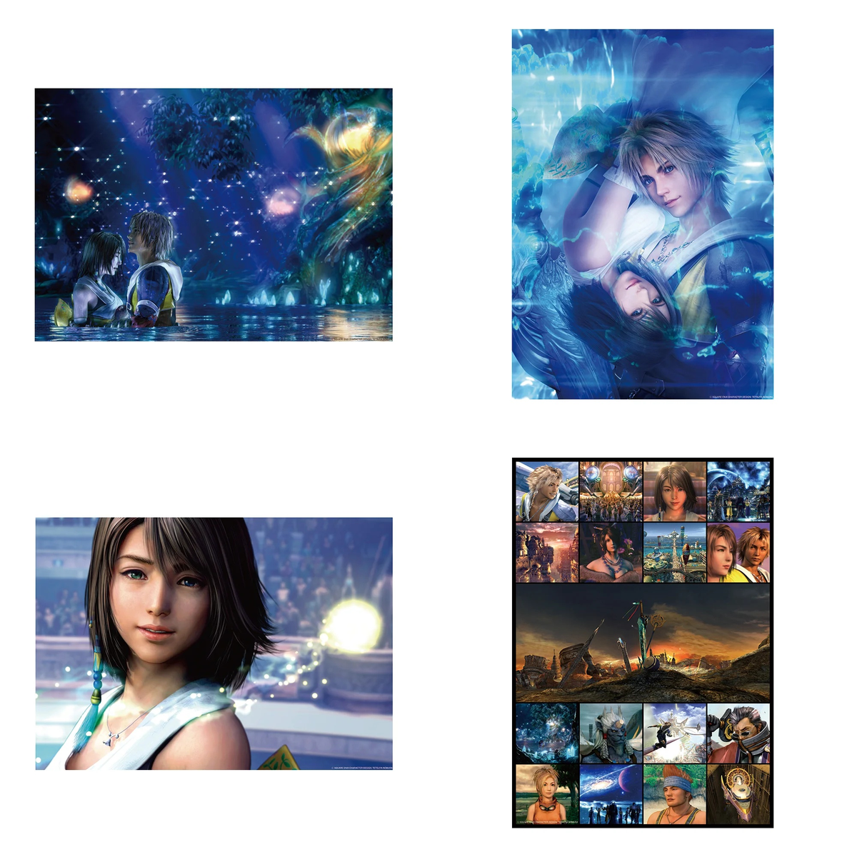 Final Fantasy X 25th Anniversary Kuji D Prize complete set of all four A3 visual sheet designs, shown together on a white background.