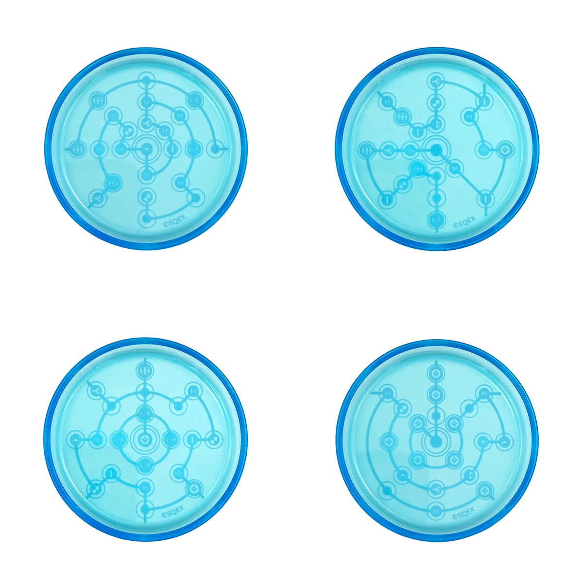 Final Fantasy X 25th Anniversary Kuji E Prize complete set of all four Sphere Grid clear plate designs, shown together on a white background.