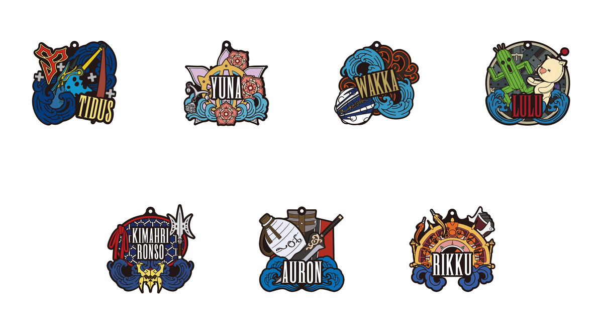 Final Fantasy X 25th Anniversary Kuji F Prize complete set of seven rubber straps: Tidus, Yuna, Wakka, Lulu, Kimahri Ronzo, Auron and Rikku, on a white background.