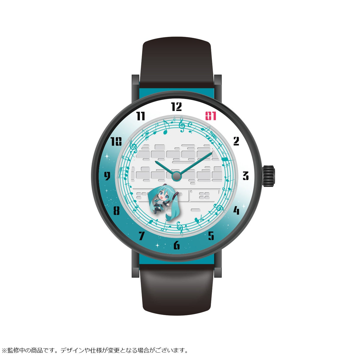 Hatsune Miku SuperGroupies watch with black leather strap and turquoise musical dial