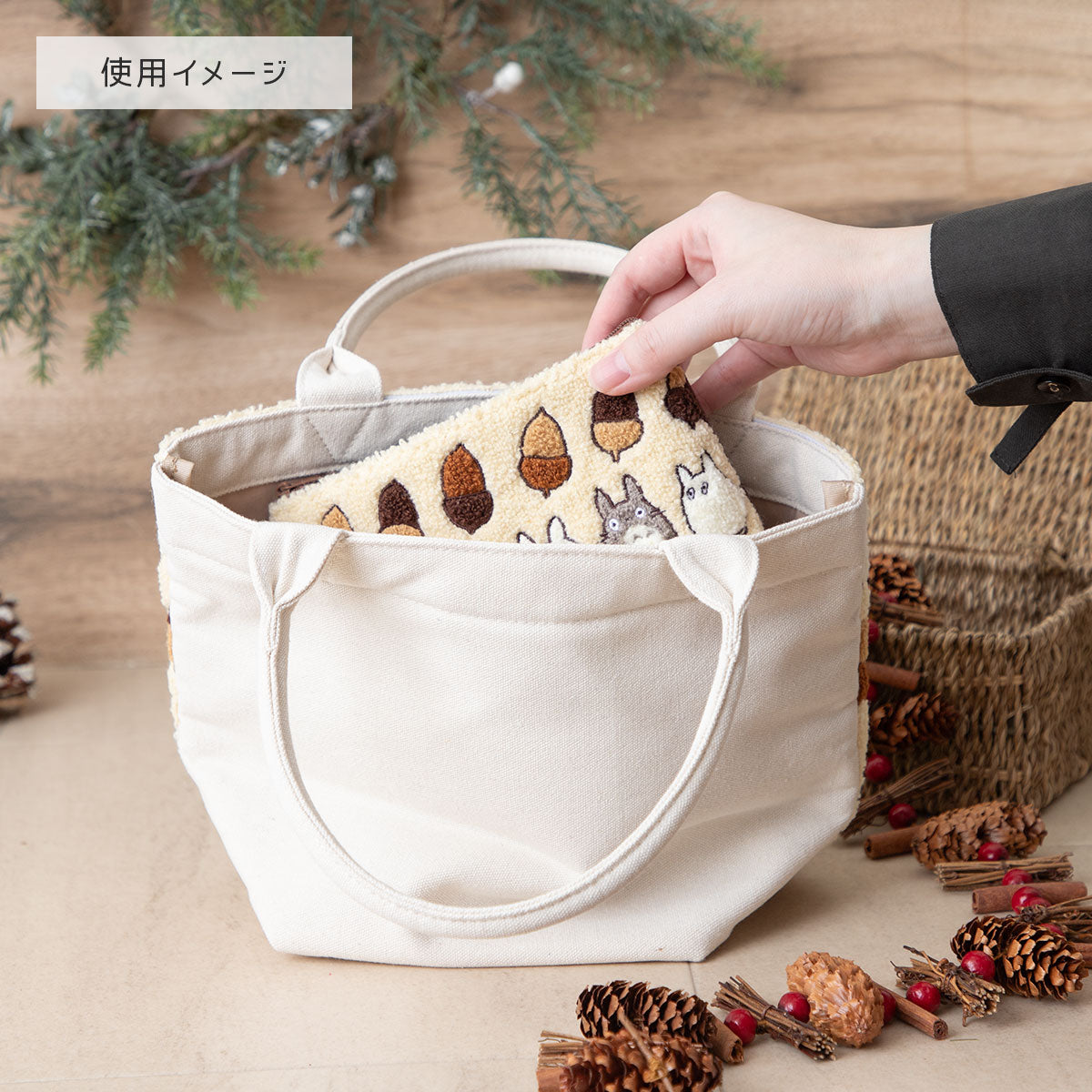 My Neighbor Totoro Hoko Moko Embroidery Ivory Lunch Tote - official view 4