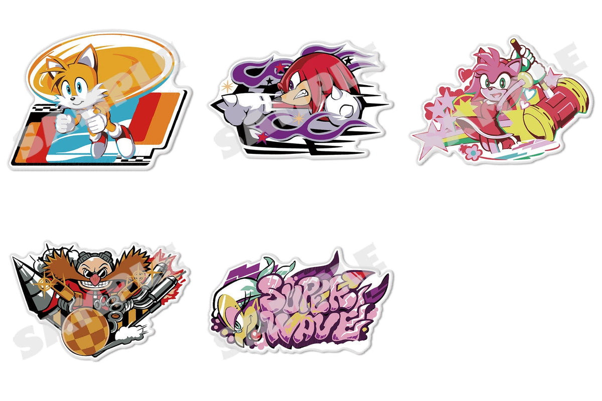 Sonic Racing CrossWorlds patches set featuring Tails, Knuckles, Amy, Dr. Eggman, Wave