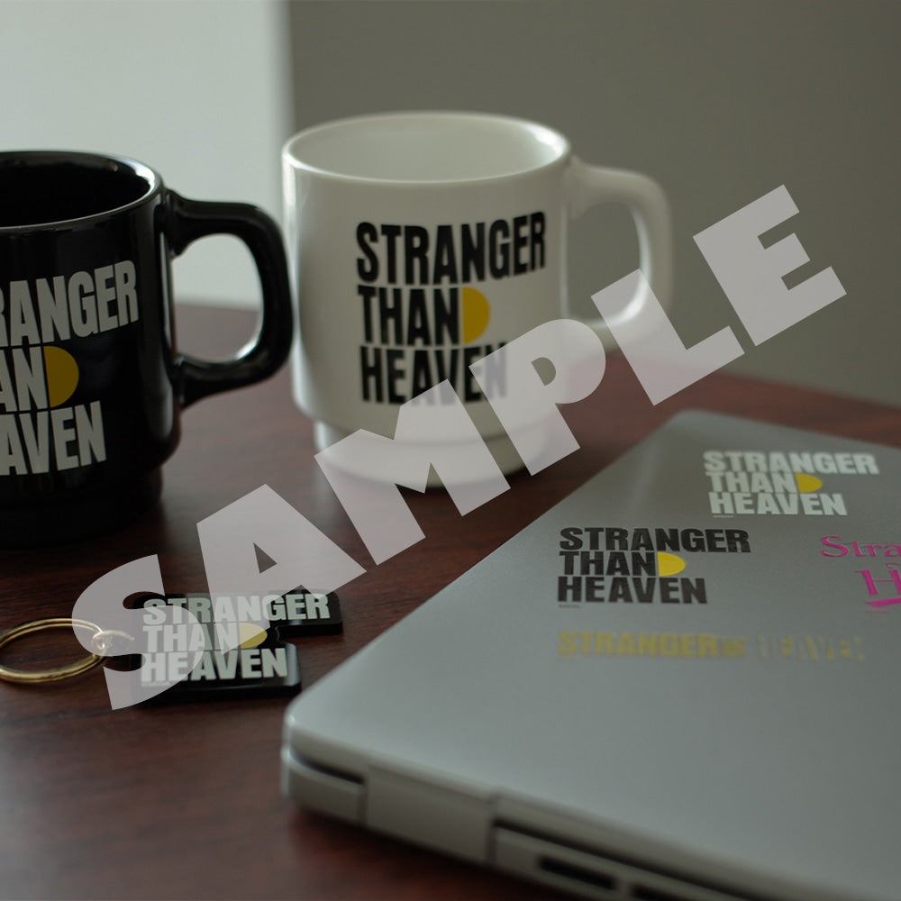 STRANGER THAN HEAVEN acrylic keyring displayed beside mugs and a laptop; other items not included
