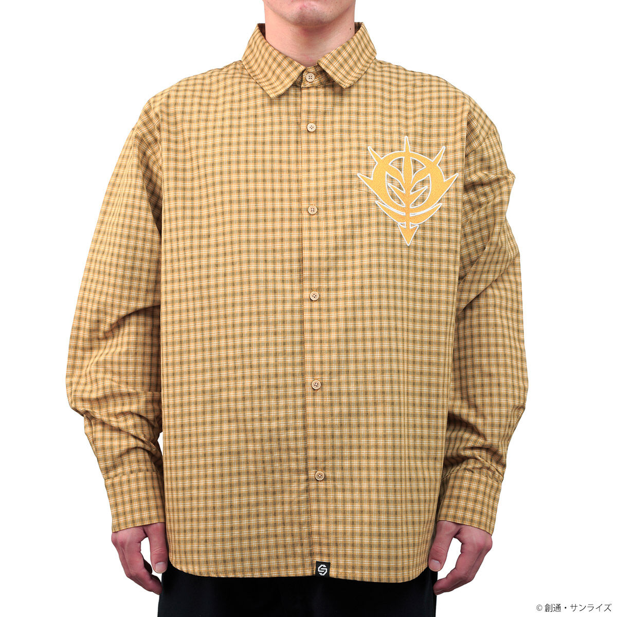 STRICT-G Principality of Zeon mustard check shirt - worn front view