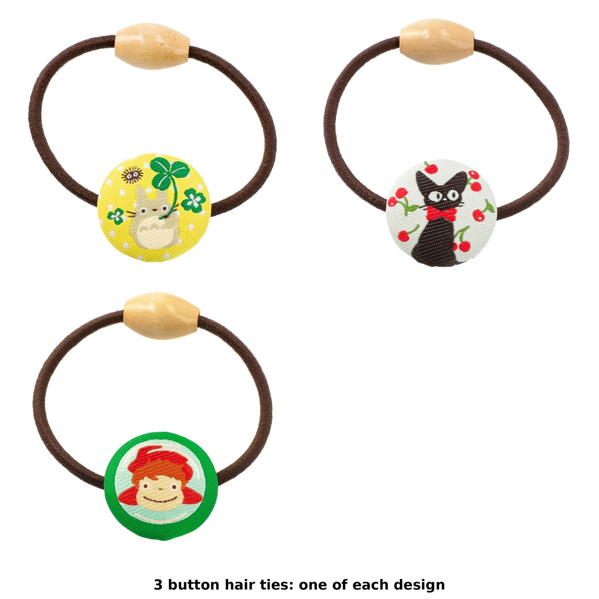 Studio Ghibli Fabric-Covered Button Hair Ties (3 Types) - Complete Set showing one of each model
