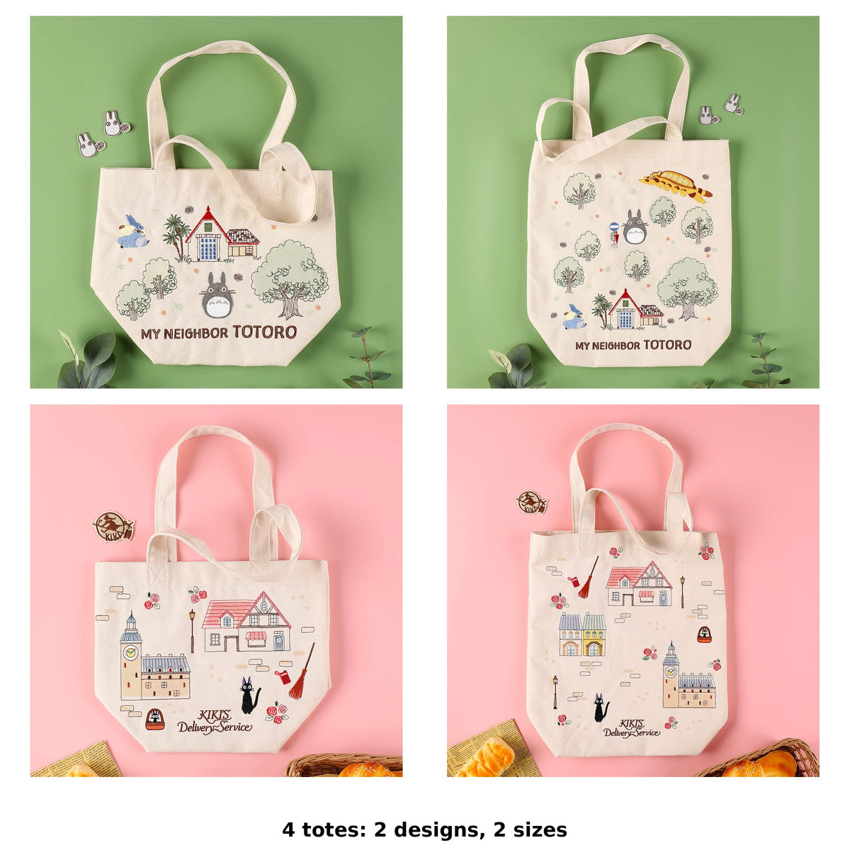 Studio Ghibli Forest and Town Embroidered Tote Bags (4 Types) - Complete Set