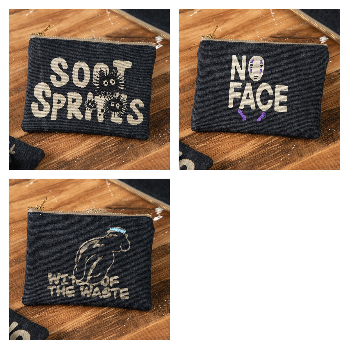 Studio Ghibli - GBL Black Denim Pouches (3 Types) - Complete Set showing every included design