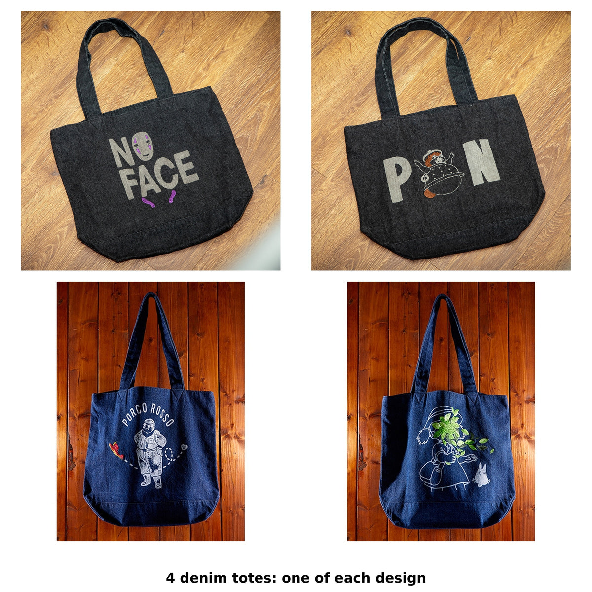 Studio Ghibli GBL Discharge Denim Tote Bags (4 Types) - Complete Set