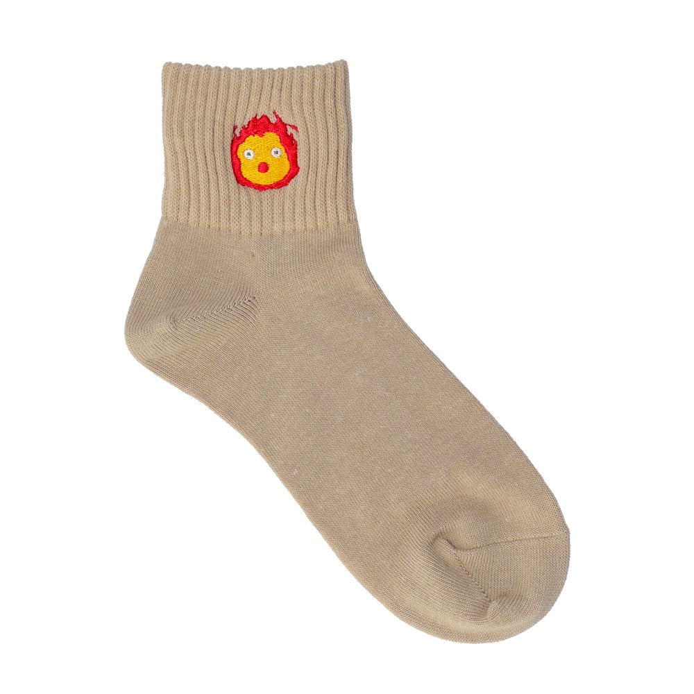 Studio Ghibli Ribbed Embroidered Short Socks 23-25 cm (2 Types) - Calcifer Beige - official view 4