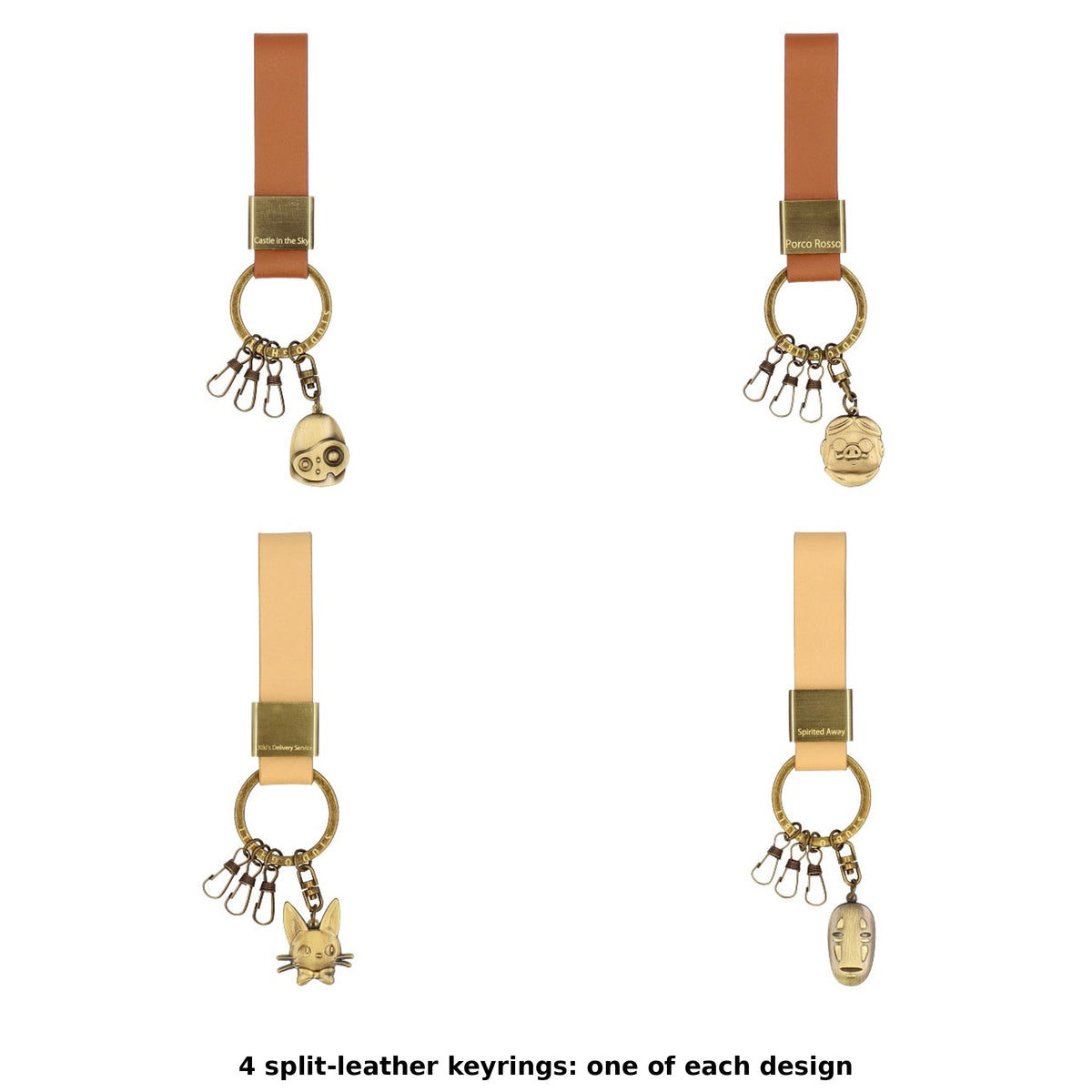 Studio Ghibli Split-Leather Three-Hook Keyrings (4 Types) - Complete Set showing one of each model