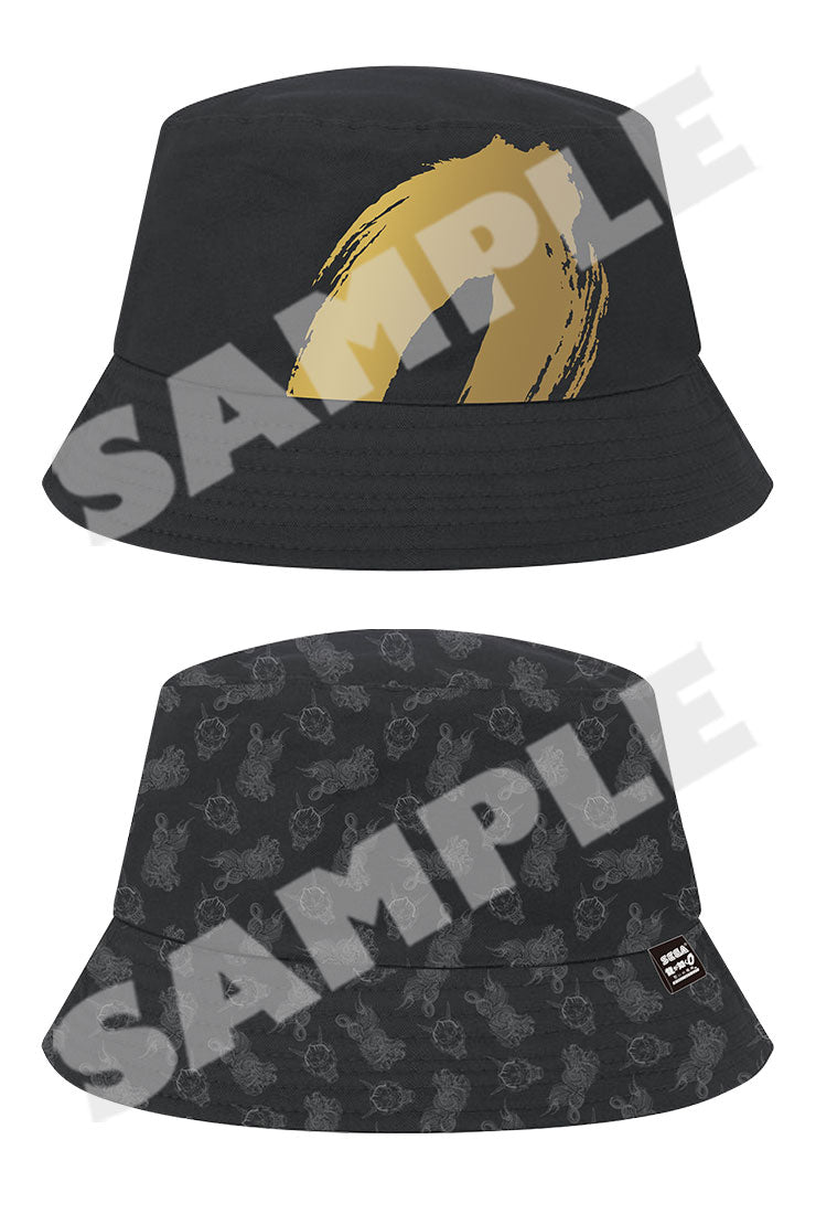 Yakuza 0 Director's Cut bucket hat showing gold zero exterior and dragon and Hannya interior design