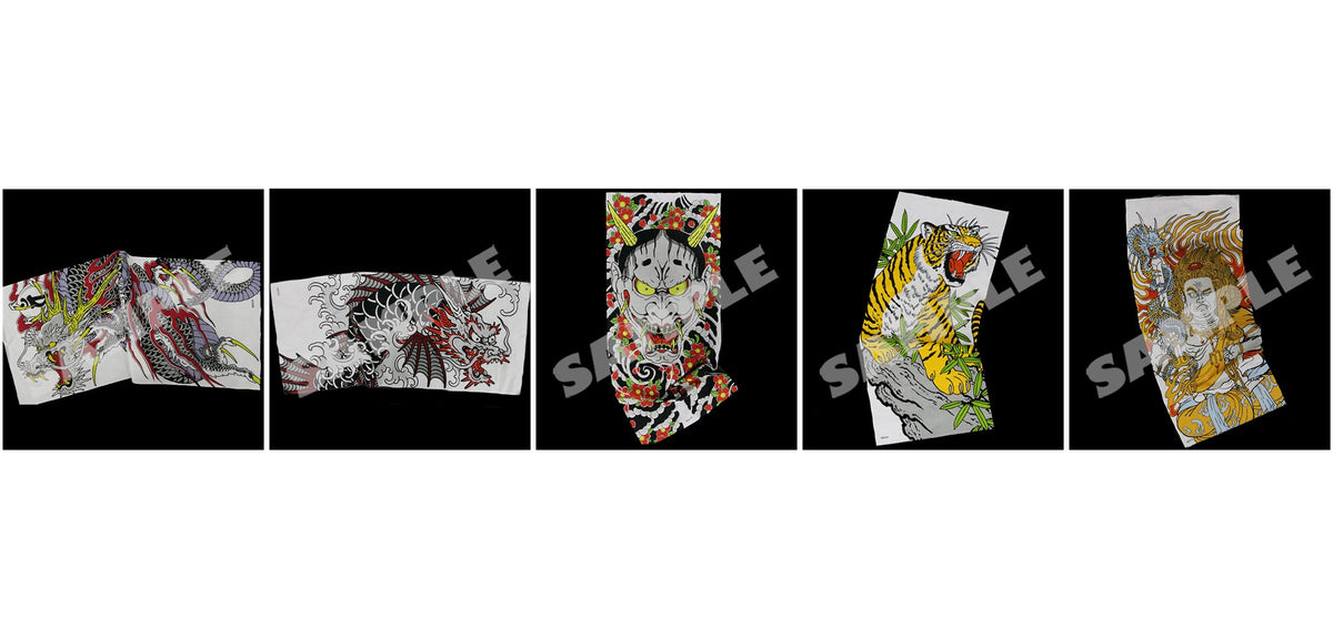 All five Yakuza Yuzen-dyed tenugui towel designs: Kiryu, Ichiban, Majima, Saejima and Daigo