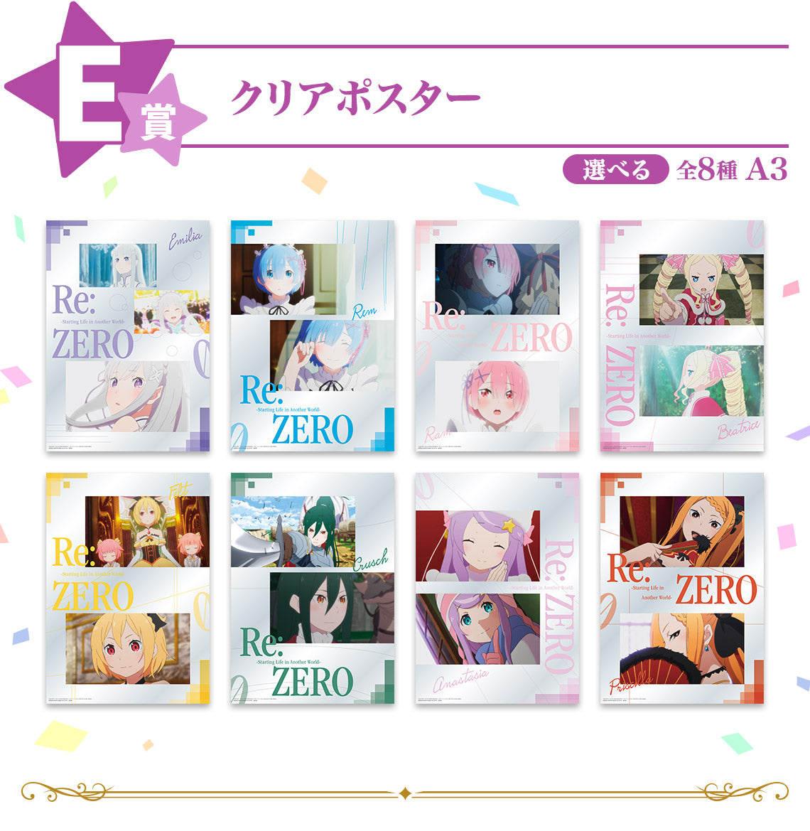 ICHIBAN KUJI RE:ZERO - COURAGE FOR YOU - E PRIZE - CLEAR POSTER Complete Set 8 Types