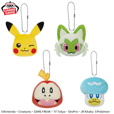 Pokemon Face Plush Toys with Ball Chains  - Pikachu, Meowth, Fuecoco and Quaxly Complete Set of 4