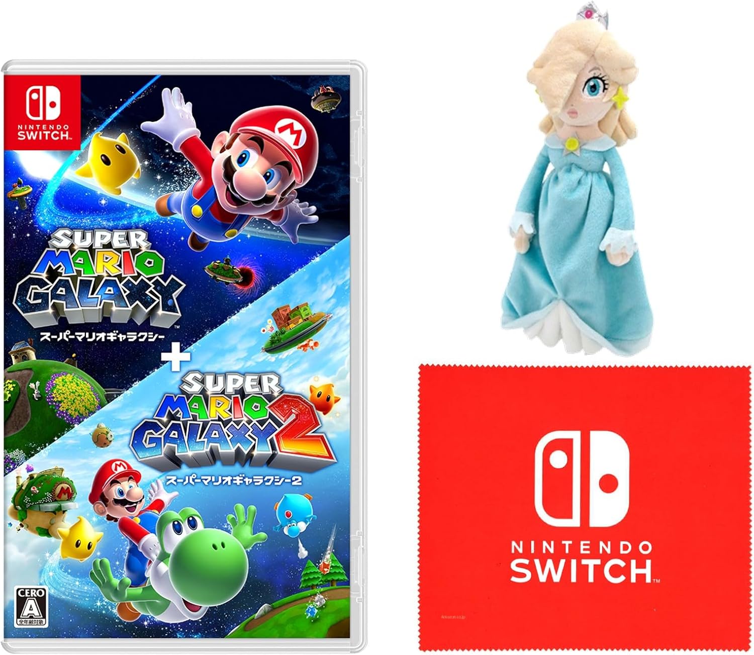 Super Mario Galaxy and Super Mario Galaxy 2 + Rosalina Plush Toy + Nintendo Switch Logo Design Microfiber Cloth - Nintendo Switch