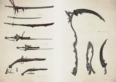 Bloodborne artbook sample of weapon design drawings