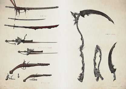Bloodborne artbook sample of weapon design drawings