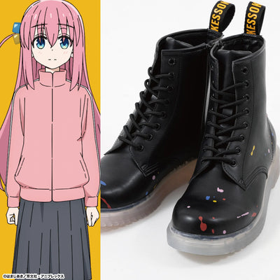 Bocchi The Rock! SuperGroupies Kessoku Band boots: Hitori Gotoh illustration beside the black lace-up boots.