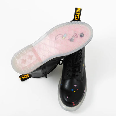 Bocchi The Rock! SuperGroupies Kessoku Band boots: Pair displayed with the pink Tsuchinoko Bocchi sole raised.