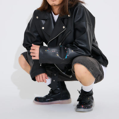 Bocchi The Rock! SuperGroupies Kessoku Band boots: Crouching model wearing the Kessoku Band jacket and boots.