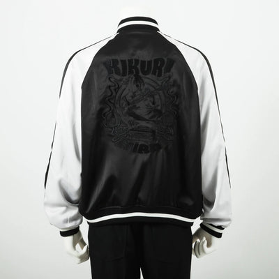 Bocchi The Rock! SuperGroupies Kikuri Hiroi sukajan jacket: Full back view with black-on-black Kikuri Hiroi embroidery.