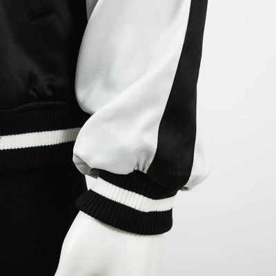 Bocchi The Rock! SuperGroupies Kikuri Hiroi sukajan jacket: Close-up of the striped sleeve and ribbed cuff.