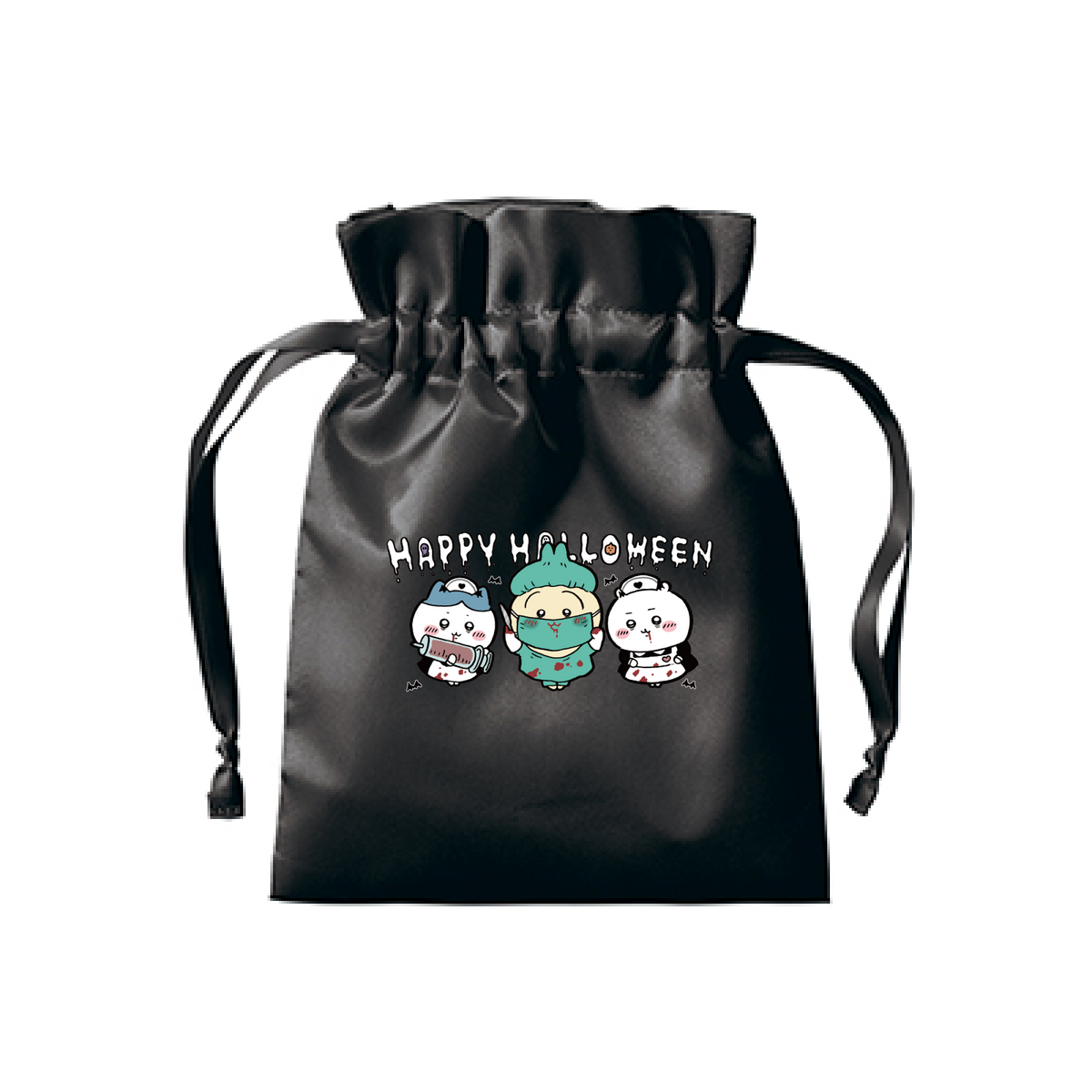 Chiikawa Happy Halloween 2026 Chiikawa, Hachiware & Usagi Satin Frill Drawstring Pouch in Black, official product view 1