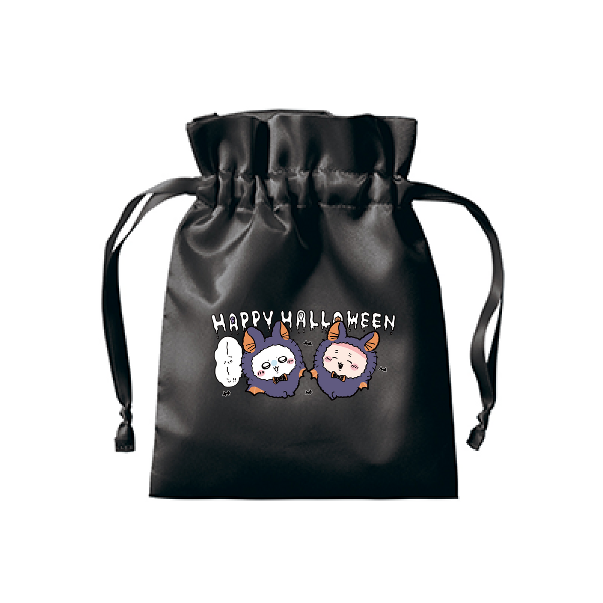 Chiikawa Happy Halloween 2026 Momonga & Furuhonya Satin Frill Drawstring Pouch in Black, official product view 1
