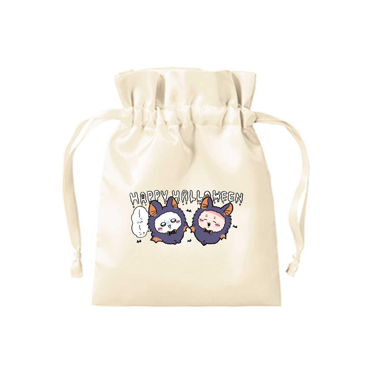 Chiikawa Happy Halloween 2026 Momonga & Furuhonya Satin Frill Drawstring Pouch in Off White, official product view 2