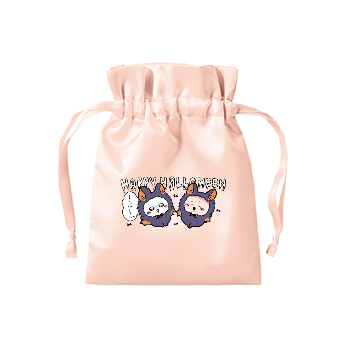 Chiikawa Happy Halloween 2026 Momonga & Furuhonya Satin Frill Drawstring Pouch in Pink Beige, official product view 3