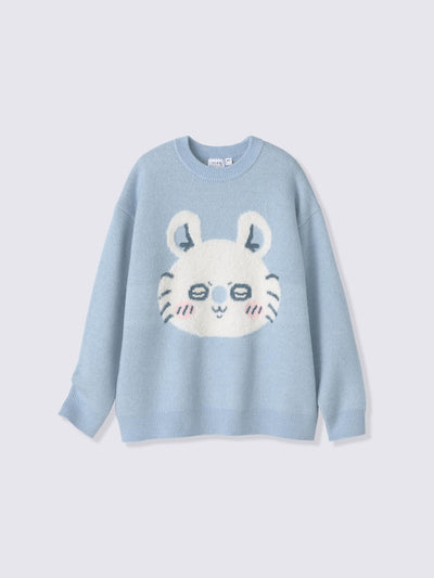 Chiikawa Snow Day Fluffy Jacquard Sweater — Blue Momonga — full view