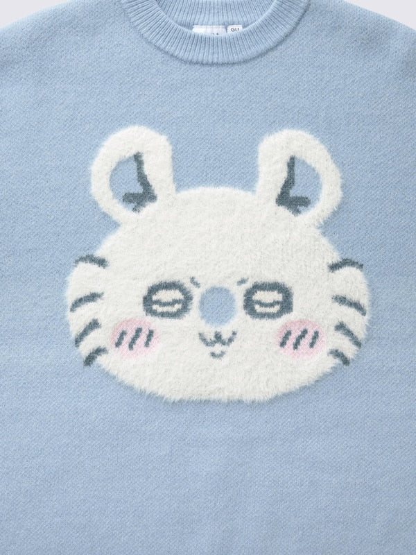 Chiikawa Snow Day Fluffy Jacquard Sweater — Blue Momonga — motif detail