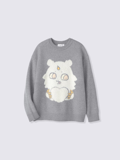 Chiikawa Snow Day Fluffy Jacquard Sweater — Gray Anoko — full view
