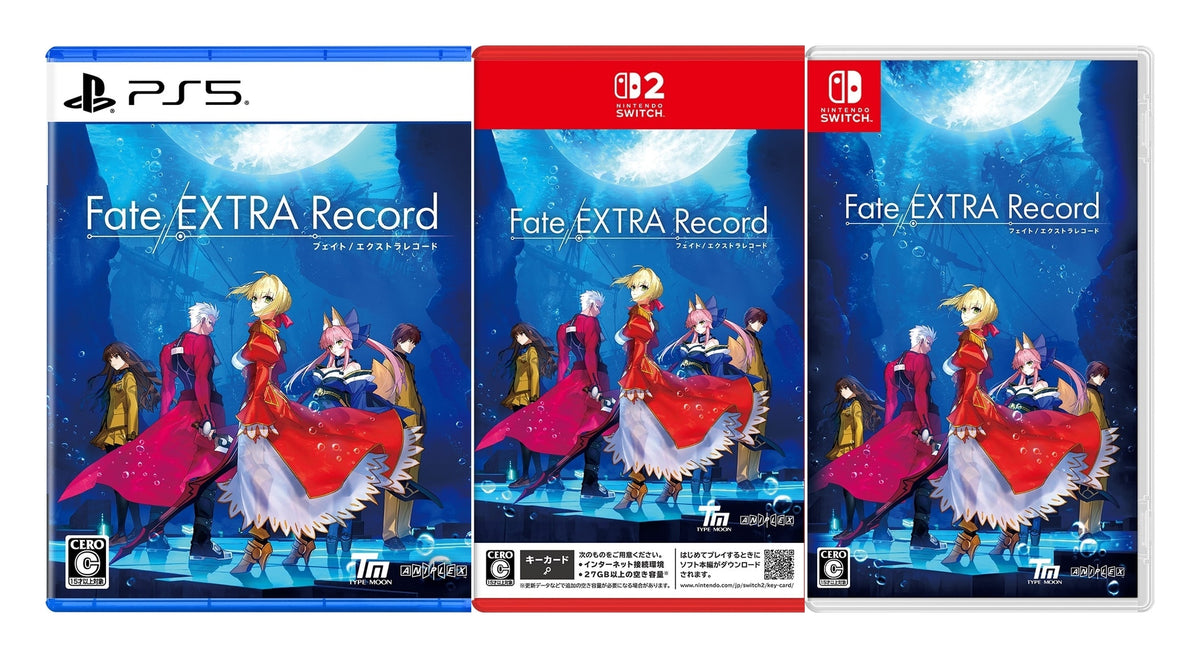 Fate/EXTRA Record — PlayStation 5, Nintendo Switch 2 and Nintendo Switch official Japanese covers