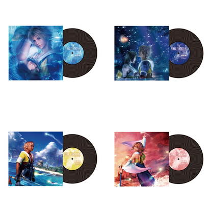 Final Fantasy X 25th Anniversary Kuji G Prize complete set of all four music record keychain designs, shown together on a white background.