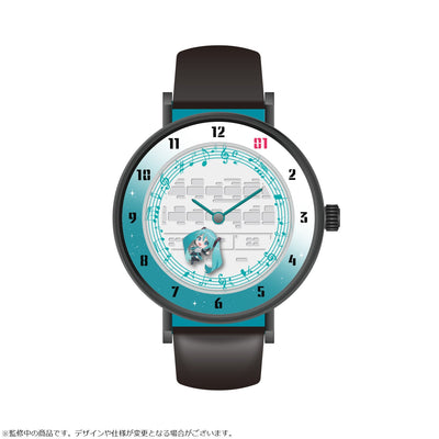 Hatsune Miku SuperGroupies watch with black leather strap and turquoise musical dial