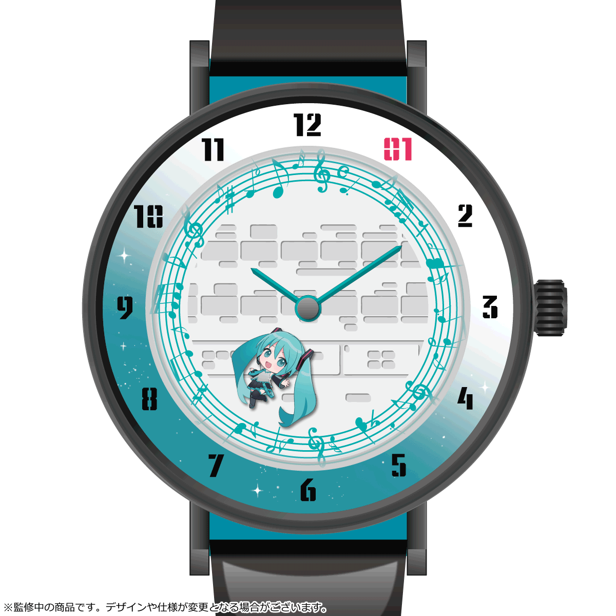 Animated Hatsune Miku SuperGroupies watch dial showing the rotating Miku seconds disc