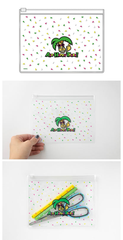 Alo-Happy clear pouch artwork and usage photos; stationery not included