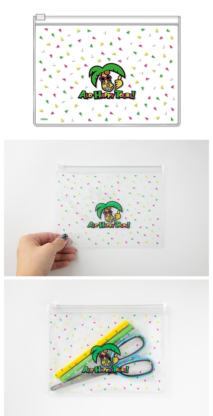 Alo-Happy clear pouch artwork and usage photos; stationery not included