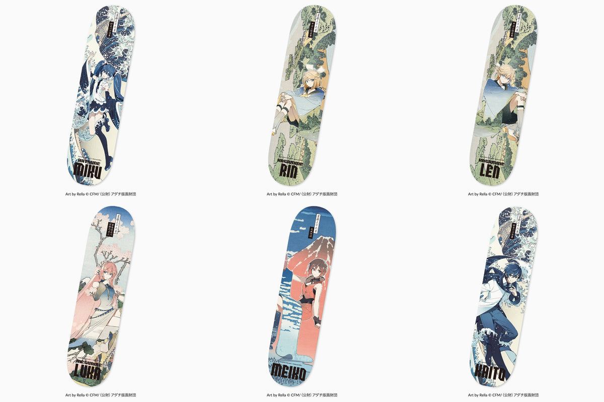 Complete collection of six Hatsune Miku x Katsushika Hokusai Rella skateboard decks