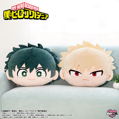 Katsuki Bakugo and Izuku Midoriya Big Face plush toys shown together; sold individually