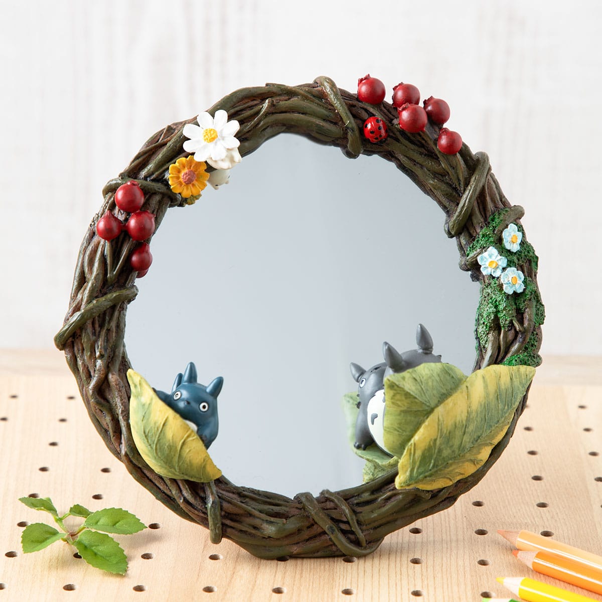 My Neighbor Totoro Hide-and-Seek Wreath Stand Mirror with sculpted Totoro characters, leaves and flowers