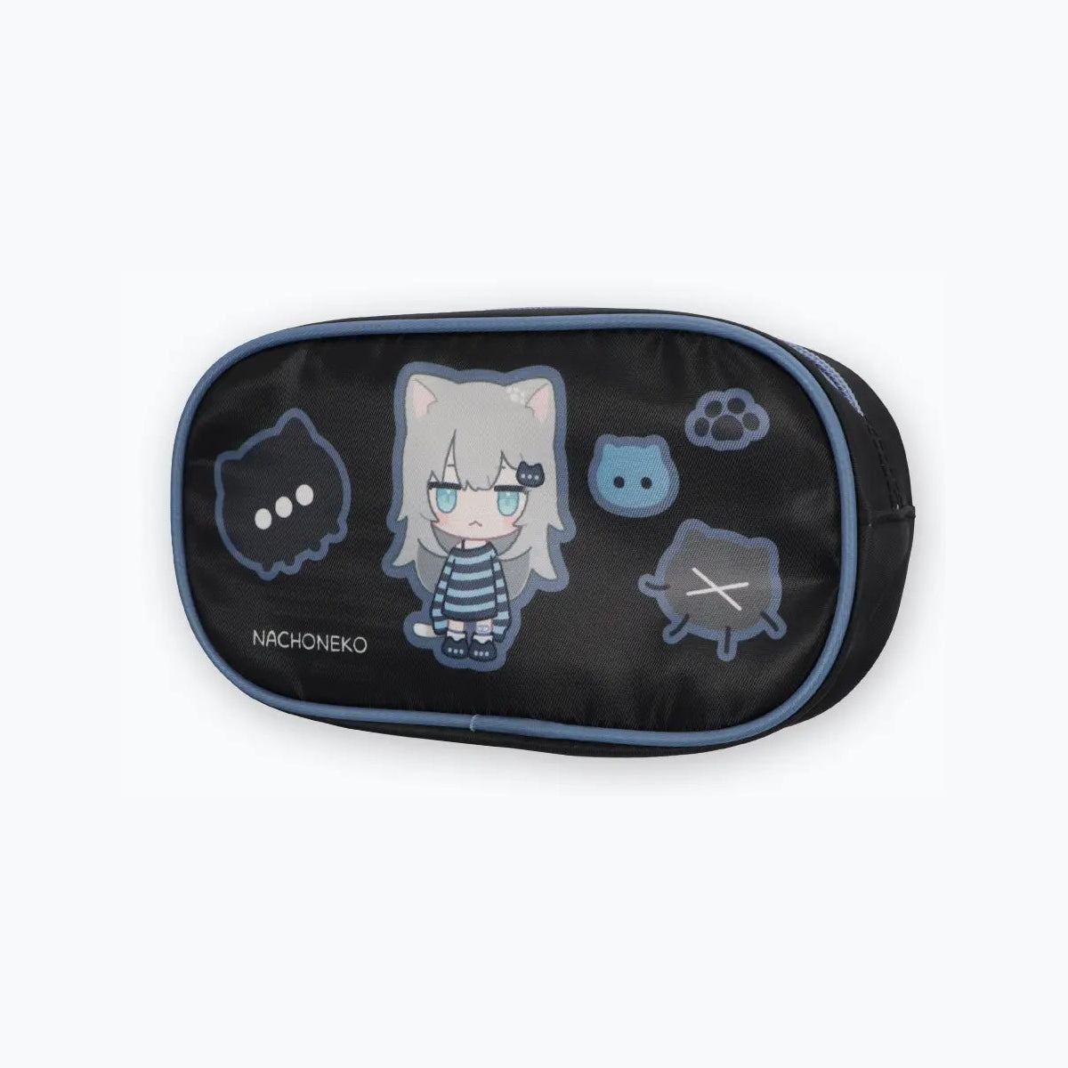 Nachoneko pen pouch Design 3, black with striped-shirt character and cat motifs