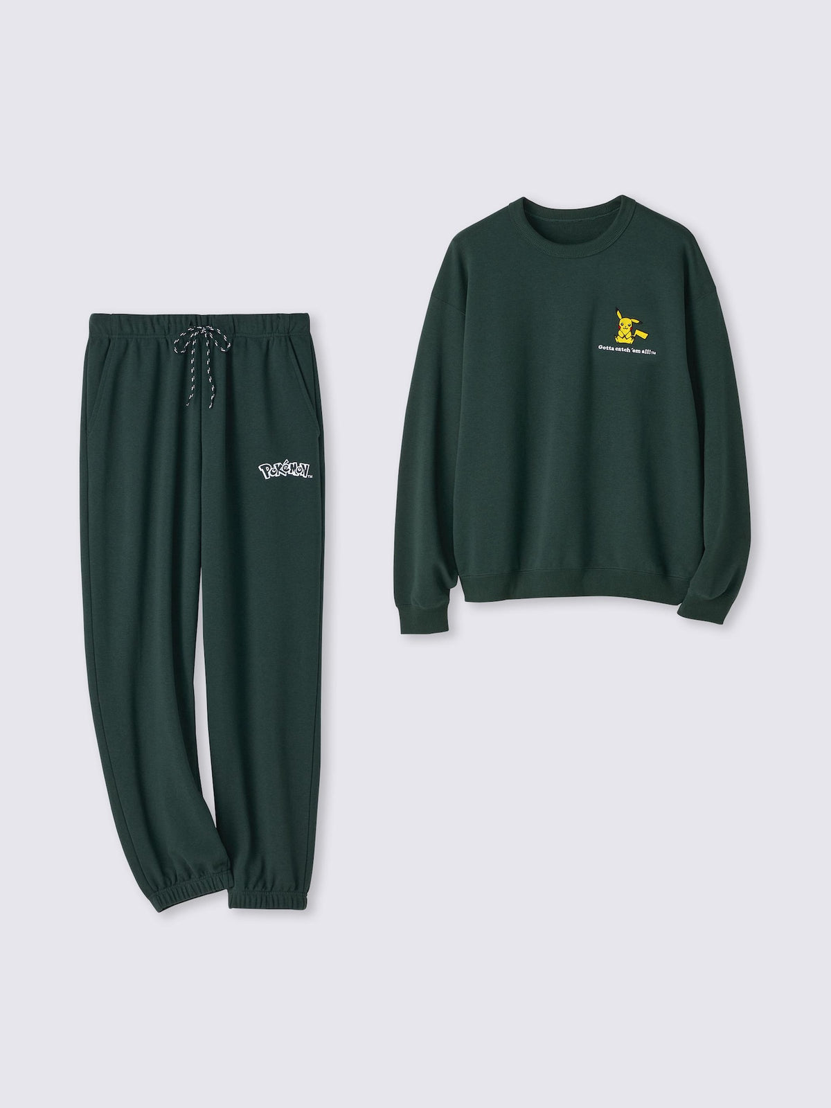 Pokemon x GU Pikachu Long-Sleeve Lounge Set — Dark Green — official view 1