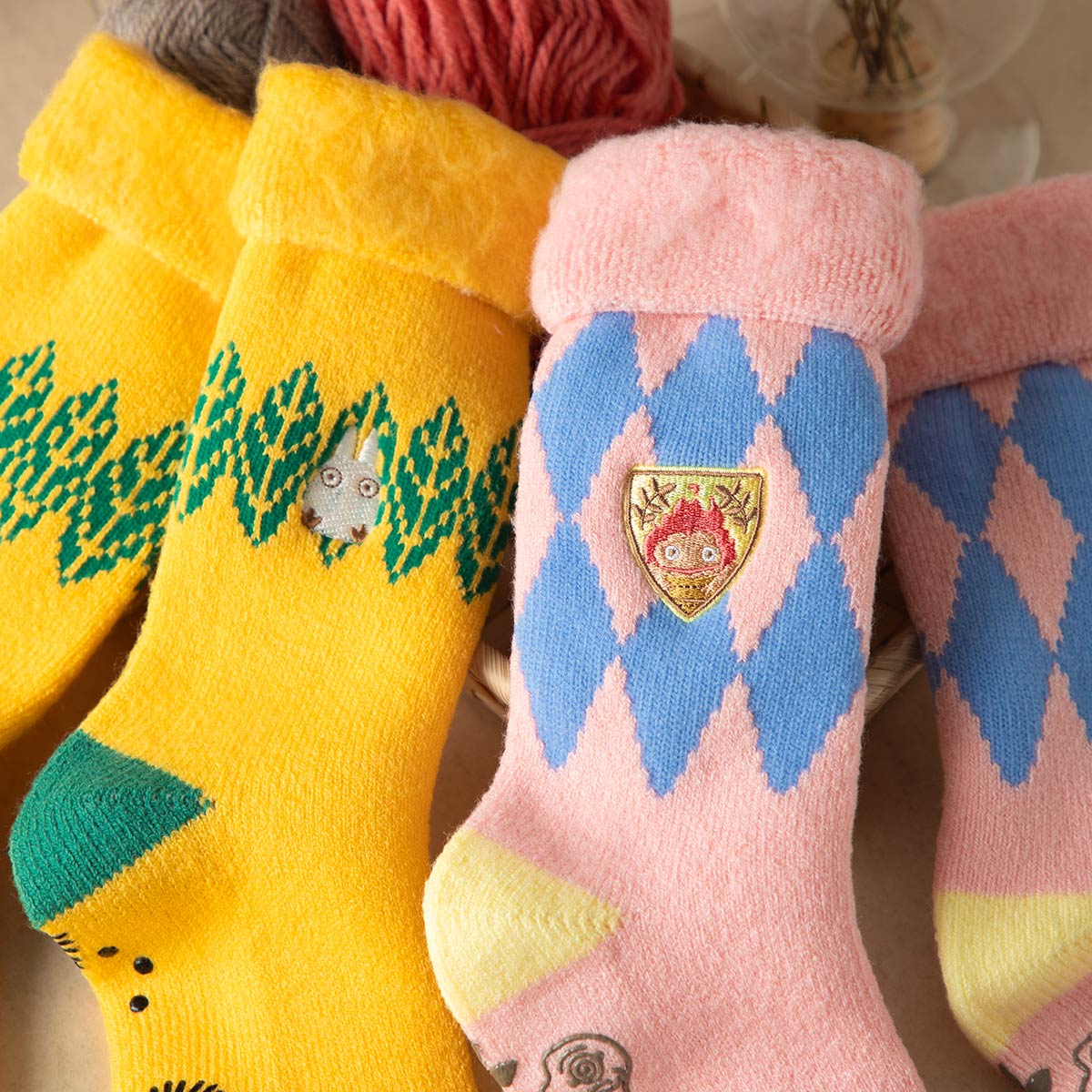 Studio Ghibli Argyle Brushed-Lining Socks 23-25 cm (2 Types) - Calcifer Pink - official view 8