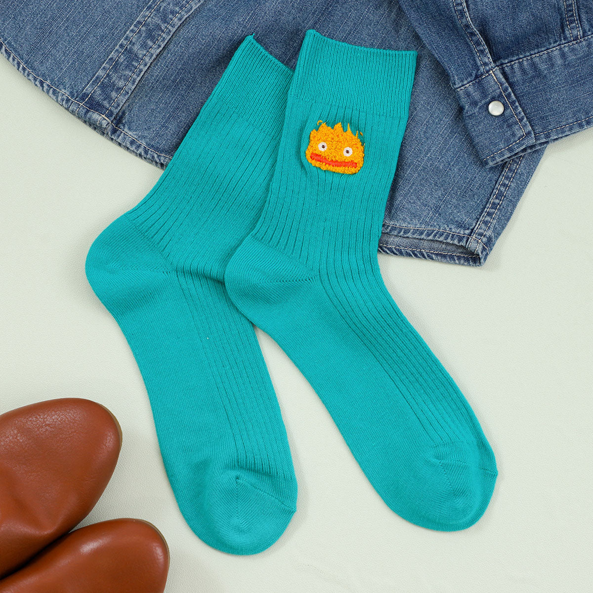 Studio Ghibli - Chenille-Embroidered Ribbed Socks 23-25 cm (4 Types) - Calcifer - official view 12